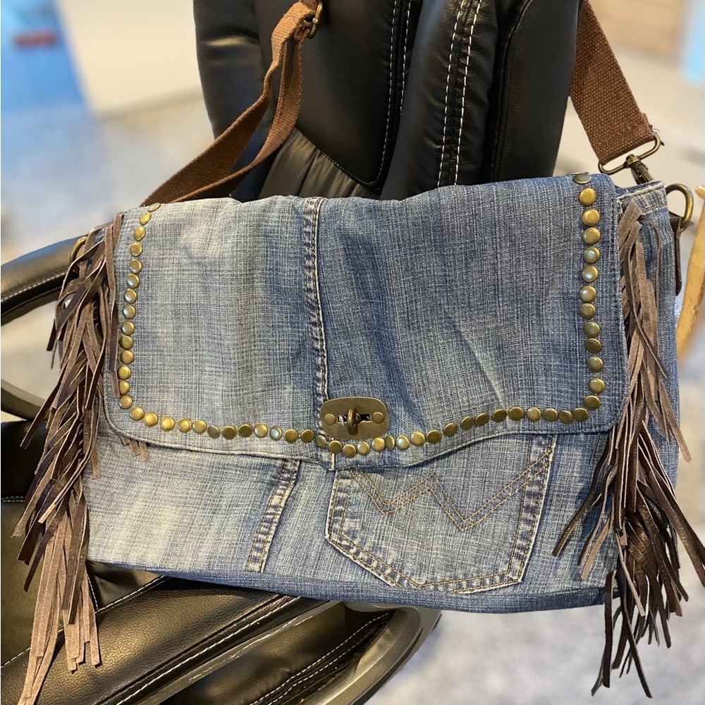 🌸Denim and Leather Bag Fringe
